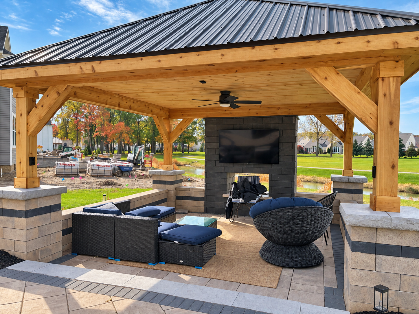 Sample stone patio with integrated fire feature