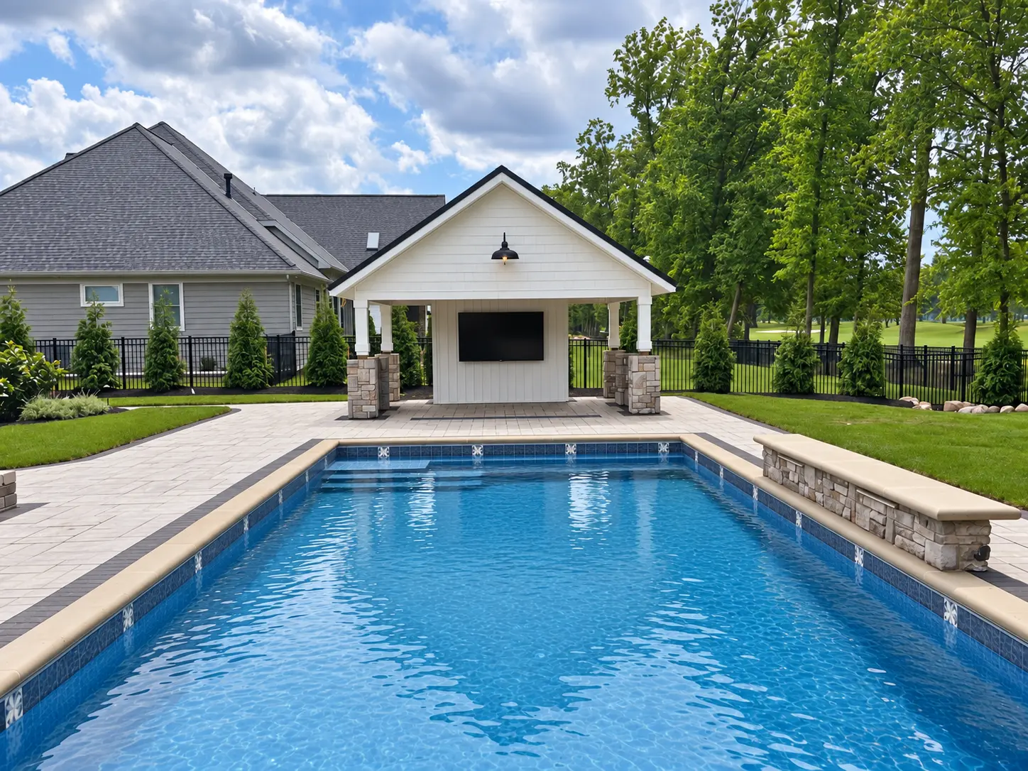 Sample poolside pavilion and fire feature at blue hour